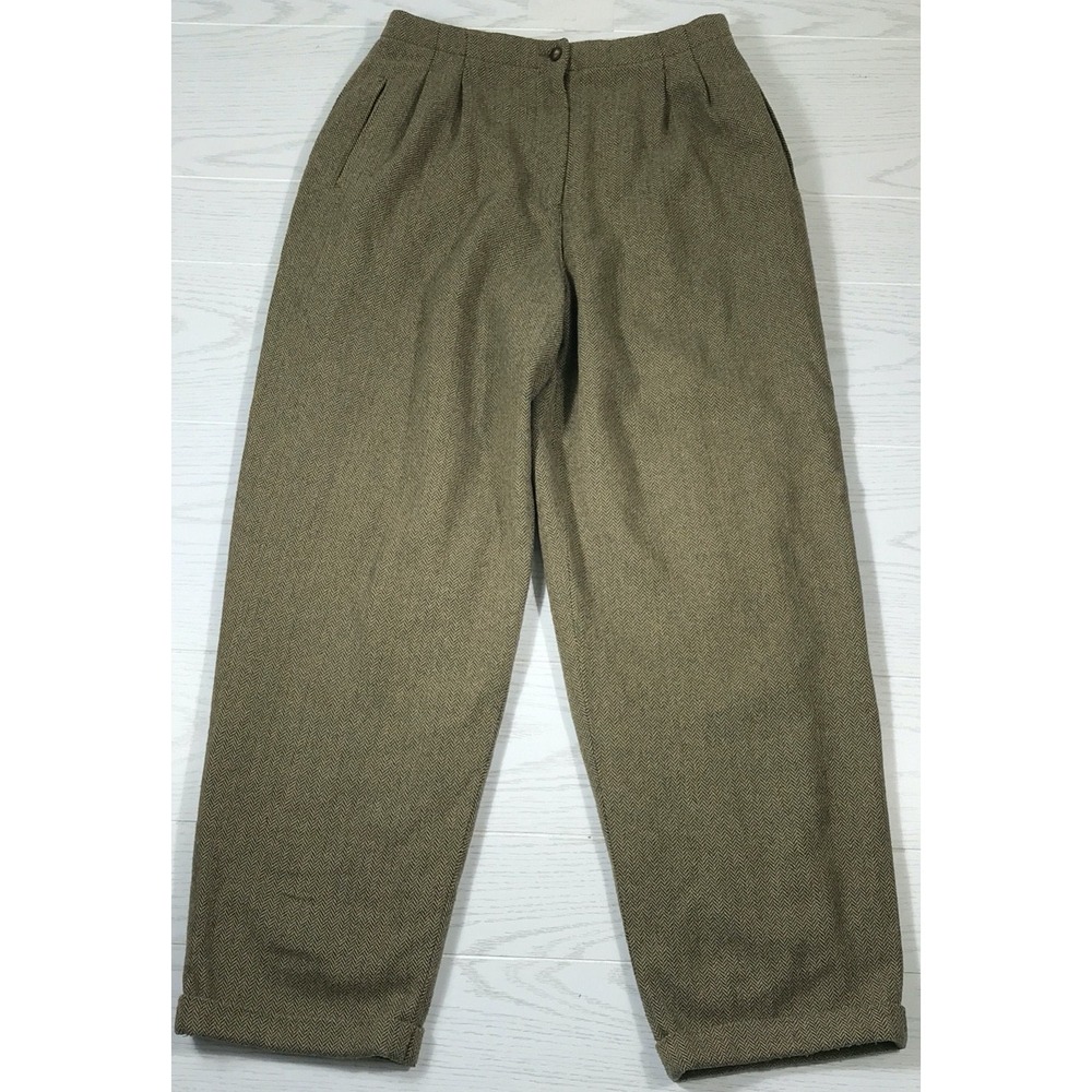 Vintage 80s Wool Blend Trousers Women 12 LizSport Herringbone Pleated Cuffed Mom